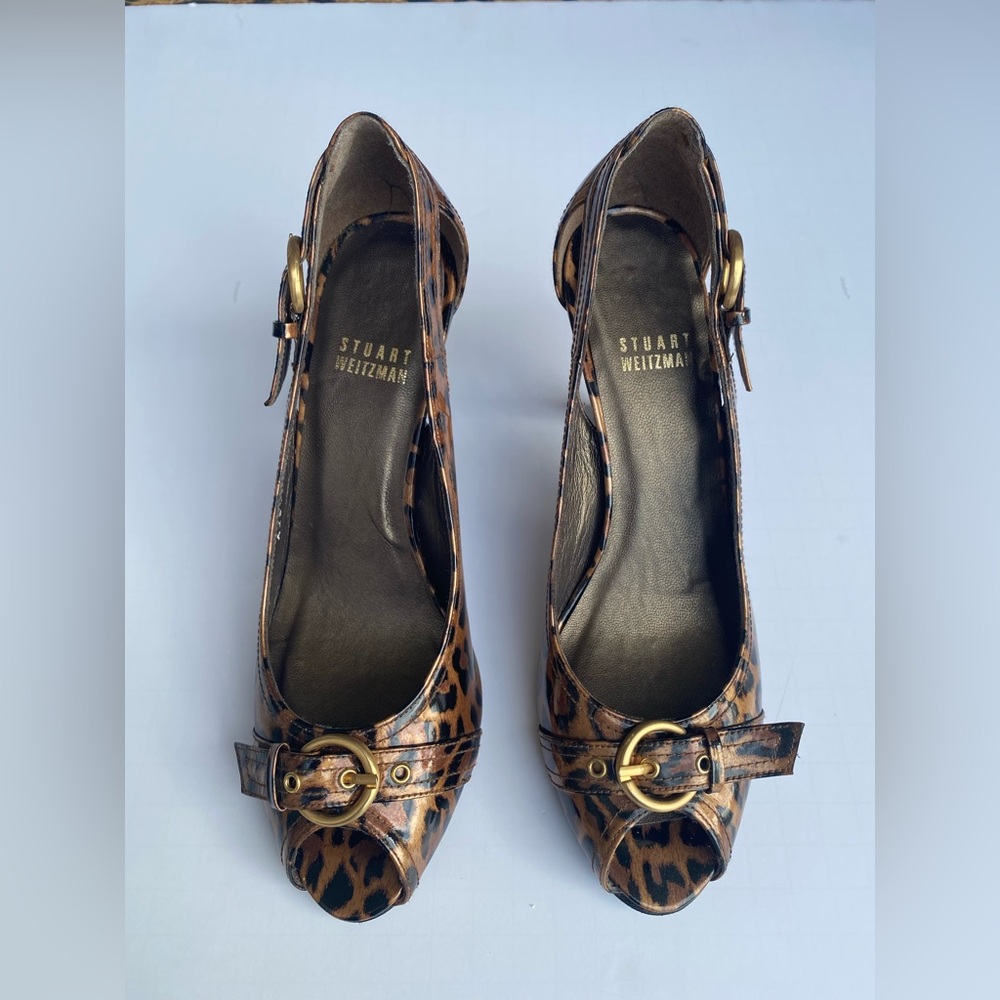 Stuart Weitzman Leopard Print Peep Toe Heels Women’s size 7N Patent Leather - Picture 2 of 15